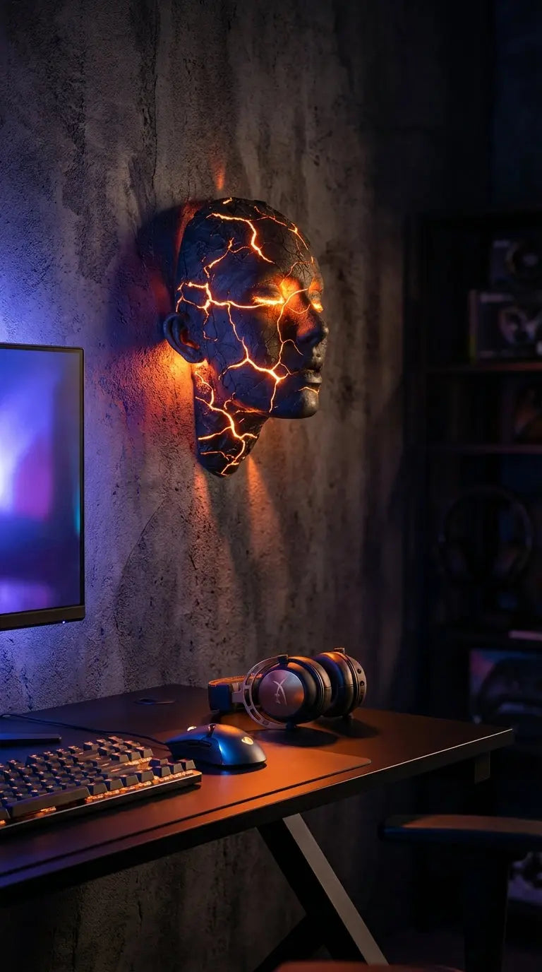 Illuminate Your Space with the Cracked Soul Wall Light – Unique Luminous Skull Sculpture for Creative Home Decor