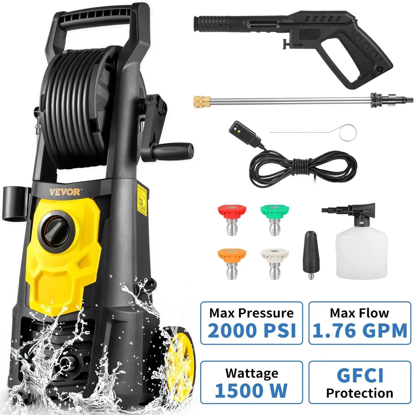 Power Up Your Cleaning with the VEVOR 2000 PSI Electric Pressure Washer - Complete with 30 Ft Hose, 5 Nozzles, and Foam Cannon for Effortless Outdoor Cleaning!