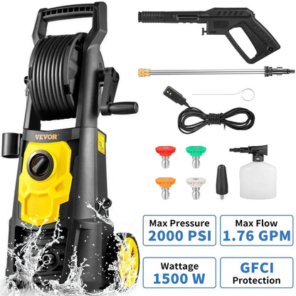 Power Up Your Cleaning with the VEVOR 2000 PSI Electric Pressure Washer - Complete with 30 Ft Hose, 5 Nozzles, and Foam Cannon for Effortless Outdoor Cleaning!