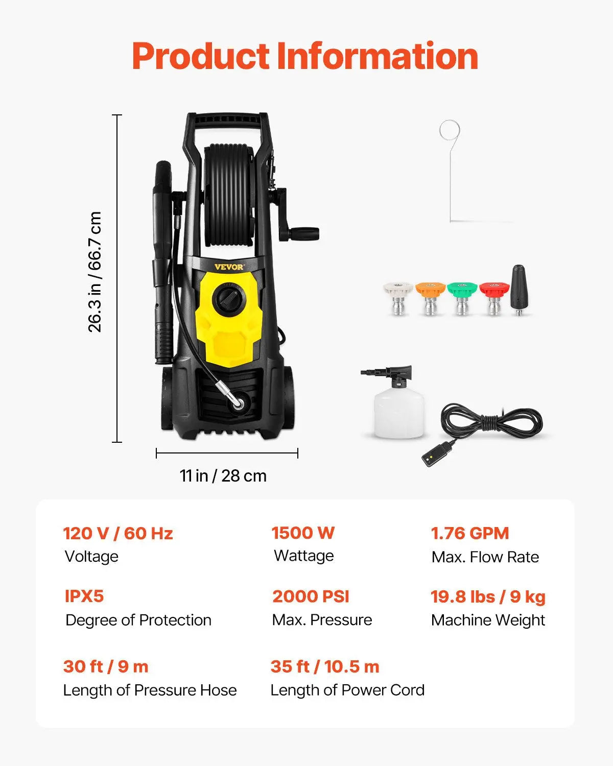 Power Up Your Cleaning with the VEVOR 2000 PSI Electric Pressure Washer - Complete with 30 Ft Hose, 5 Nozzles, and Foam Cannon for Effortless Outdoor Cleaning!