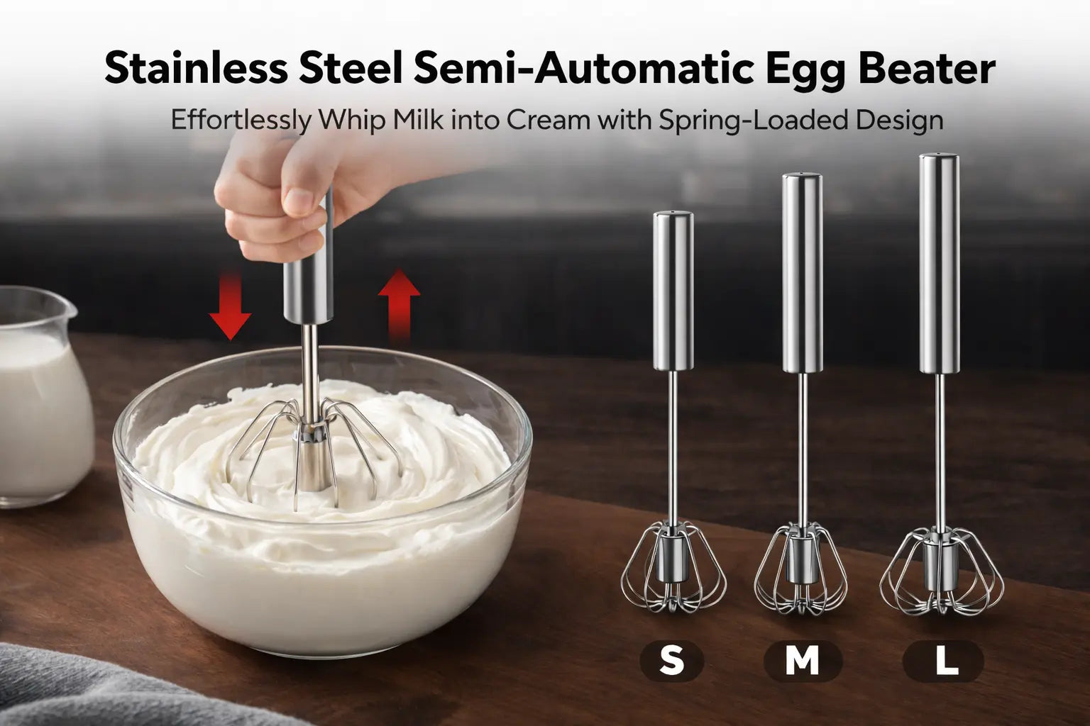 Semi-Automatic Stainless Steel Egg Beater – Upgrade Your Kitchen with Effortless Whisking for Perfect Eggs, Batters & Creams!