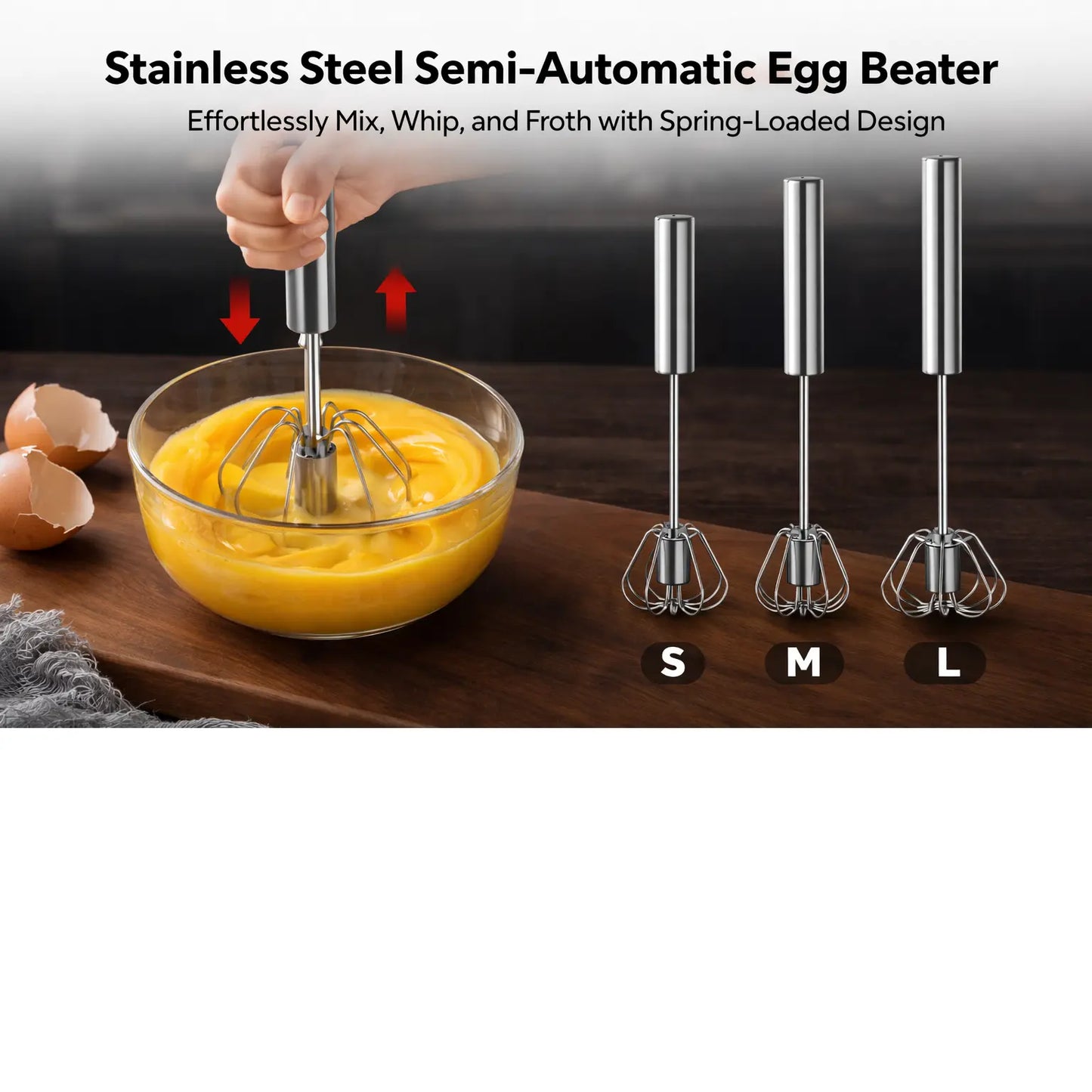 Semi-Automatic Stainless Steel Egg Beater – Upgrade Your Kitchen with Effortless Whisking for Perfect Eggs, Batters & Creams!