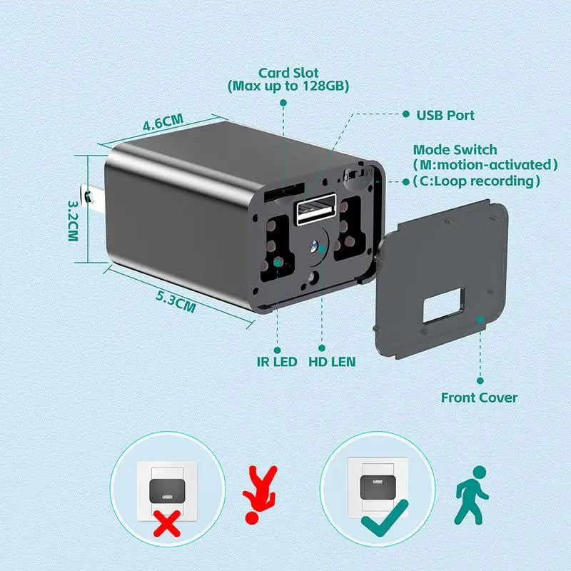 1080P Ultra HD Security Camera Charger for Pets - Night Vision & Motion Detection with 64GB Card - Perfect Home Monitoring Solution (No WIFI Required)