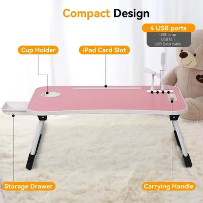 Ultimate Portable Foldable Laptop Bed Desk with 4 USB Ports, Storage Drawer & Cup Holder – Ergonomic Design for Comfortable Working, Reading & Home Office Use