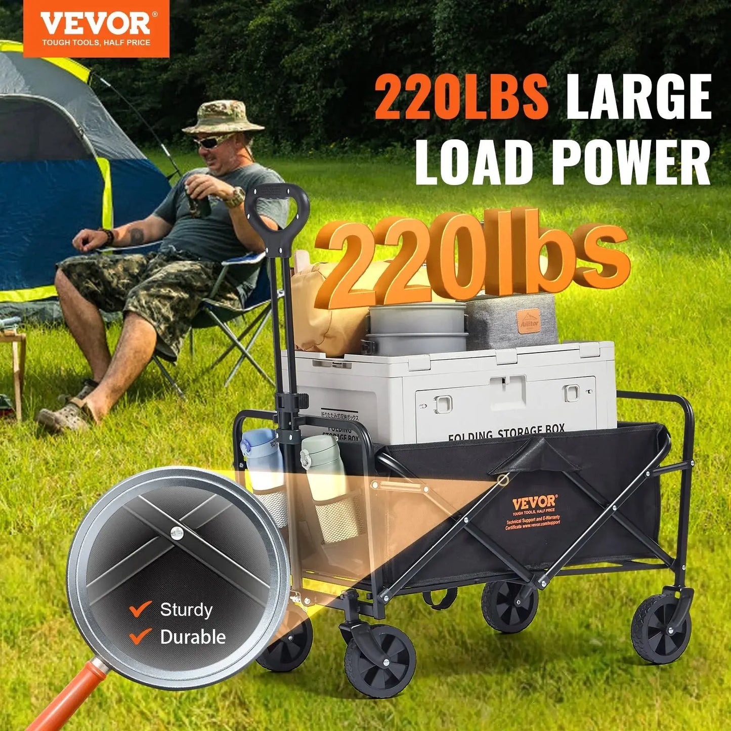 VEVOR Heavy-Duty Collapsible Folding Wagon - Versatile 2 Cu.Ft Beach Cart with All-Terrain 5-Inch Wheels and 220 Lbs Capacity, Perfect for Camping, Shopping, and Family Outings