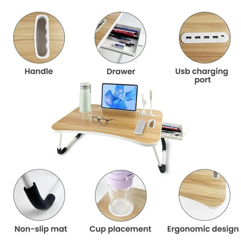 Ultimate Portable Foldable Laptop Bed Desk with 4 USB Ports, Storage Drawer & Cup Holder – Ergonomic Design for Comfortable Working, Reading & Home Office Use
